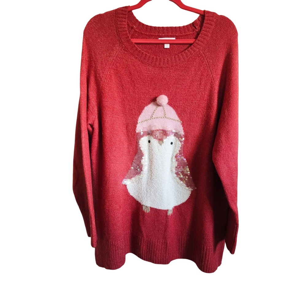 LC Lauren Conrad XXL Penguin Sequin Christmas Sweater Red Metallic - Picture 2 of 14